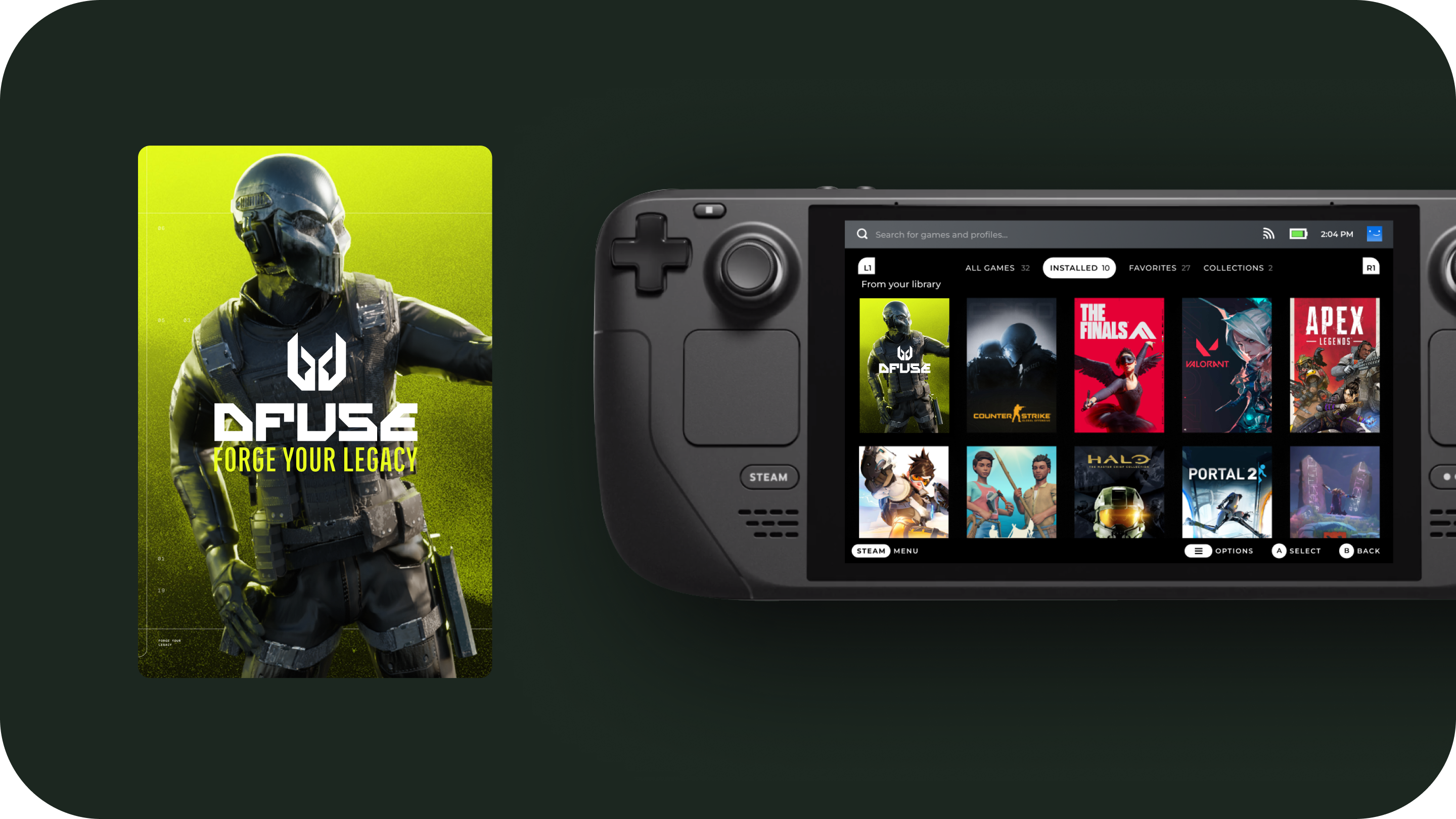 DFUSE game front cover on a game console in Steam. game branding