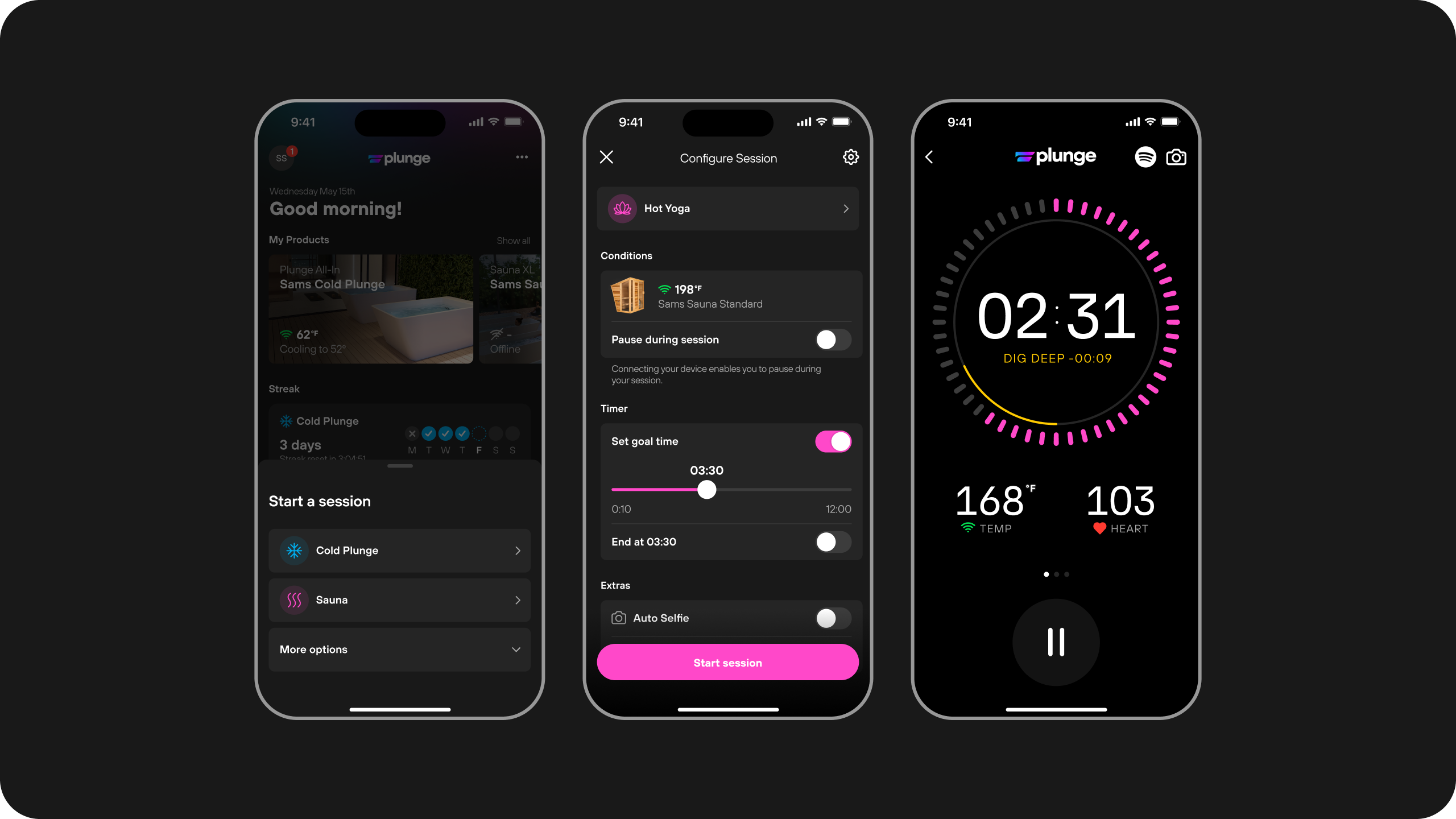 Wellness app design. Three mobile app screens. "Start a session" "Hot Yoga" "DIG DEEP"