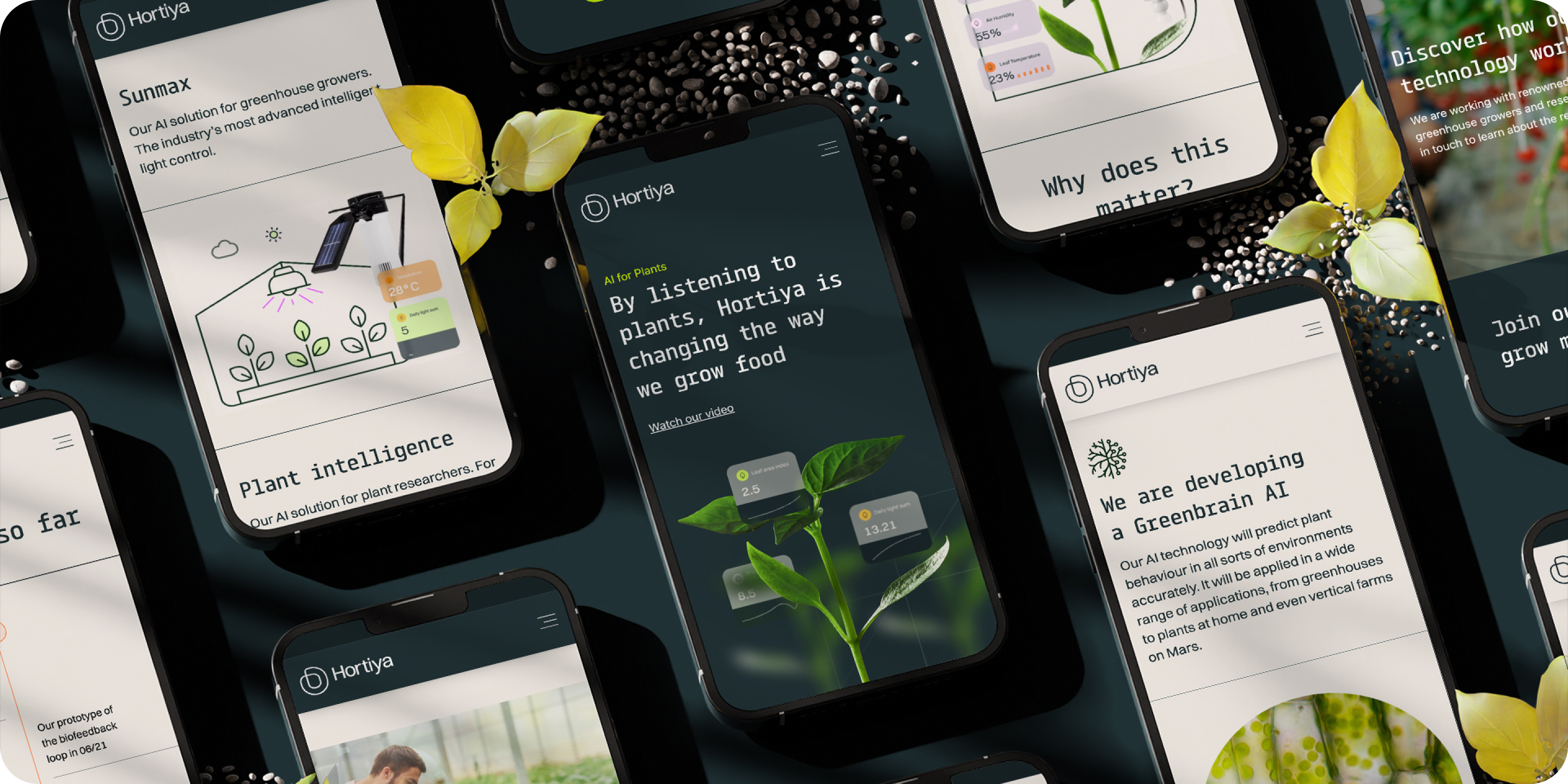Website design for agri-tech startups. Various mobile website screens. "Sunmax" "We are developing a Greenbrain AI"