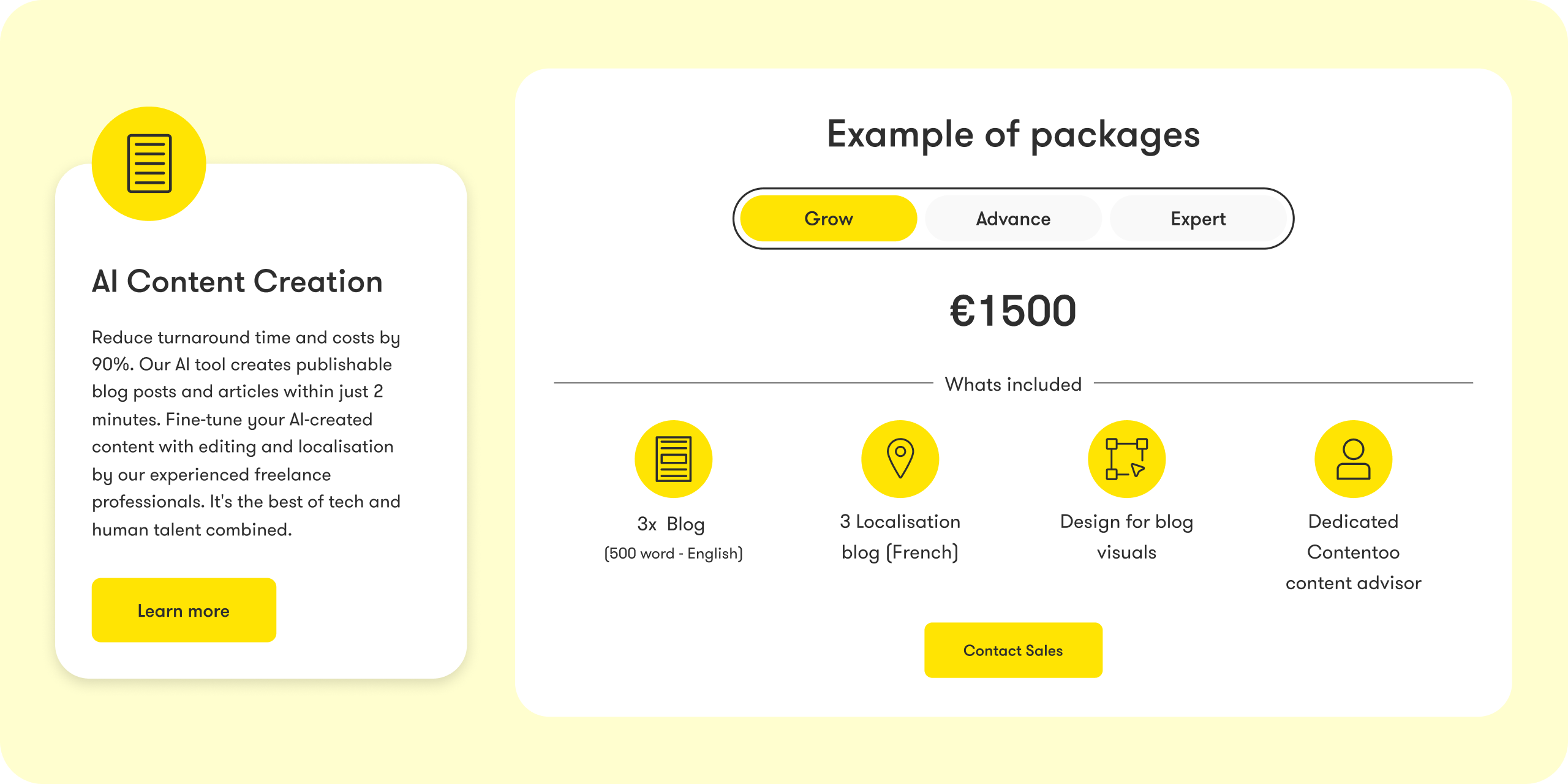 B2B branding. UI design layout. "AI Content creation" "Example of packages"