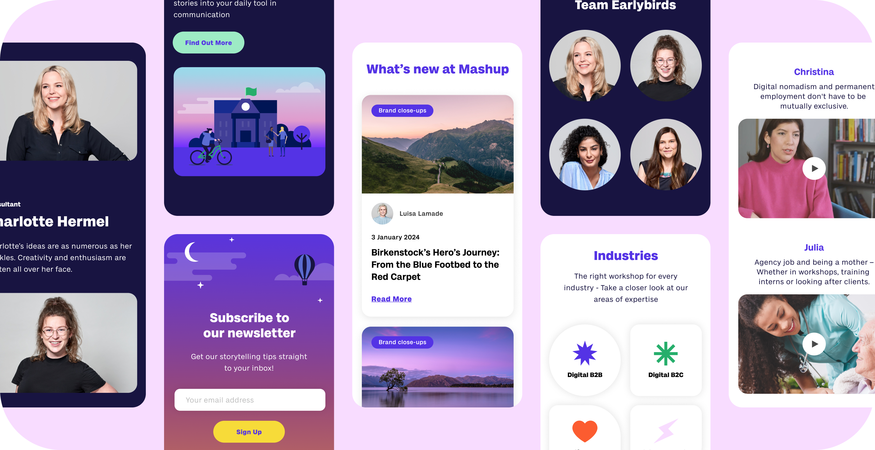 Brand identity. Various mobile website screens. "What's new at Mashup" "Industries"