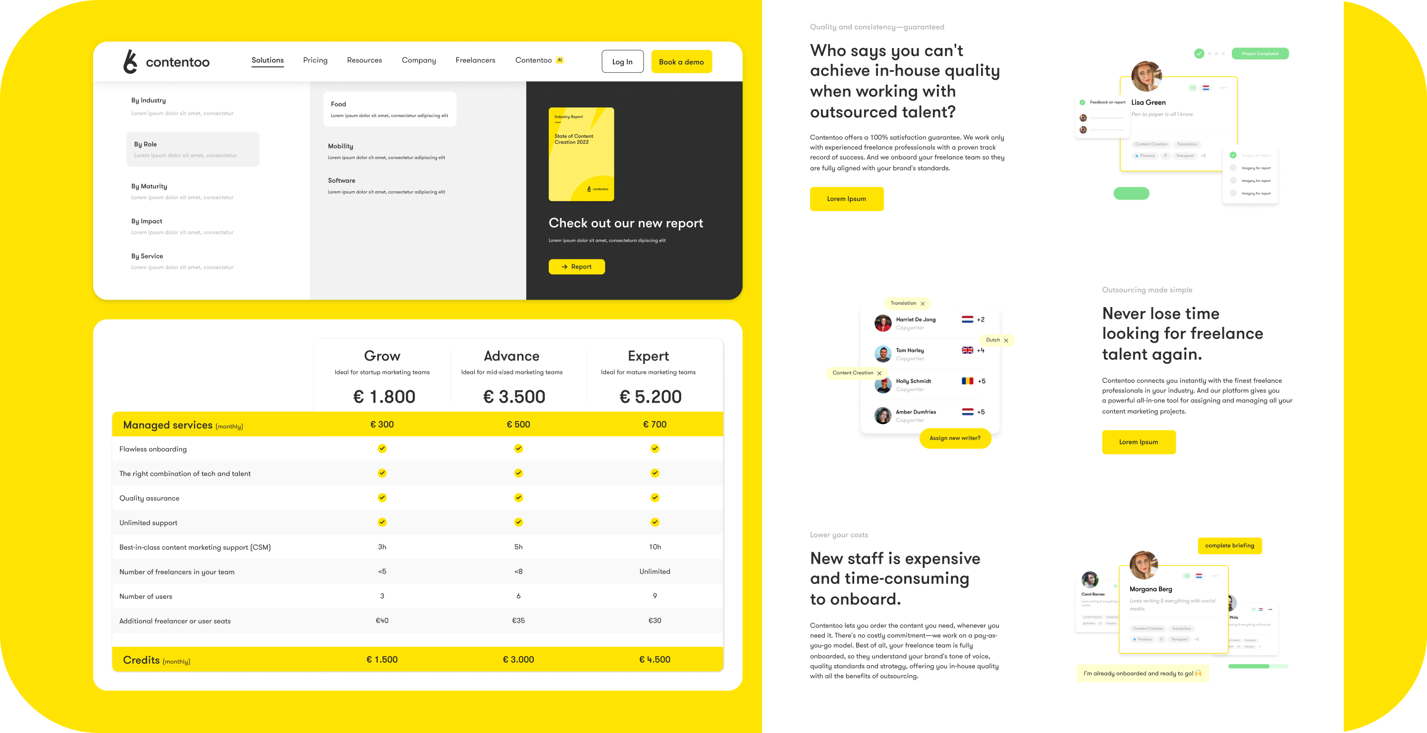 B2B branding. Contentoo website layouts. "Grow" "Advance" "Expert"