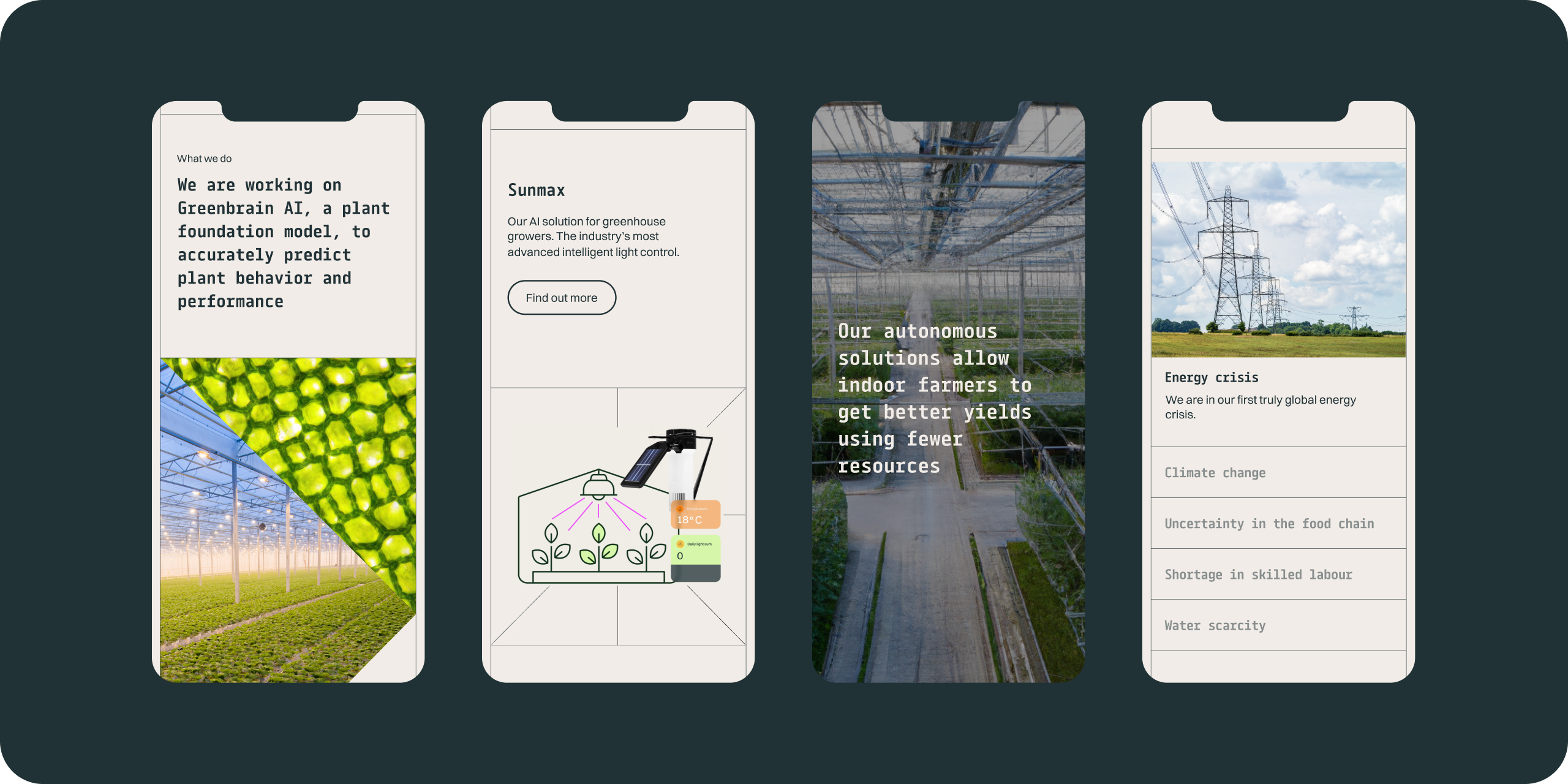 Website design for agri-tech startups. Various mobile screens. "Sunmax" "Energy crisis"