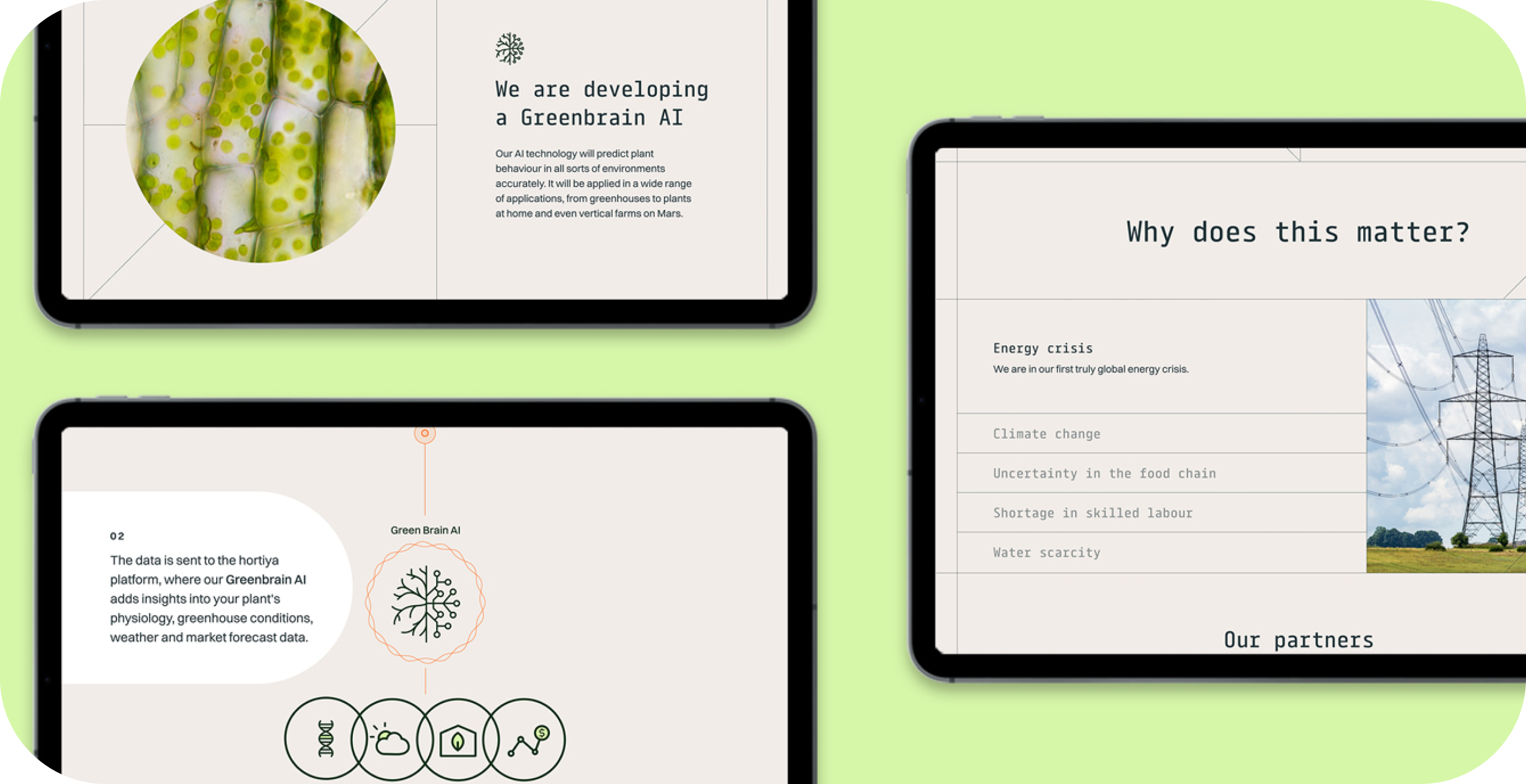 Website design for agri-tech startups. Various digital devices. "We are developing a Greenbrain AI" "Why does this matter?"