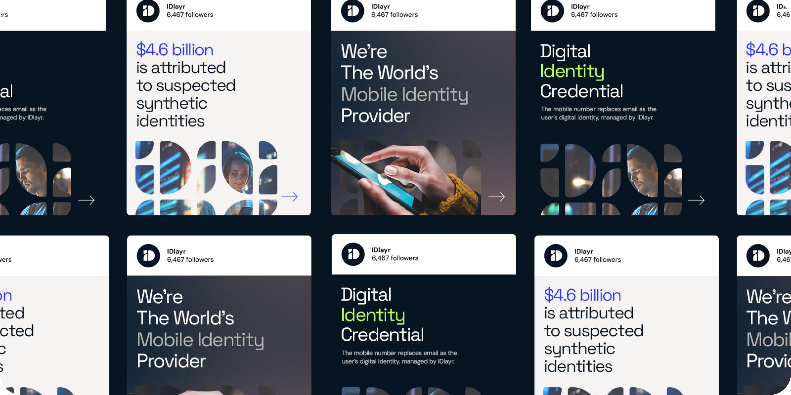 B2B branding. Various social media posts. "$4.6 billion is attributed to suspected synthetic identities" "We're The World's Mobile Identity Provider" "Digital Identity Credential"