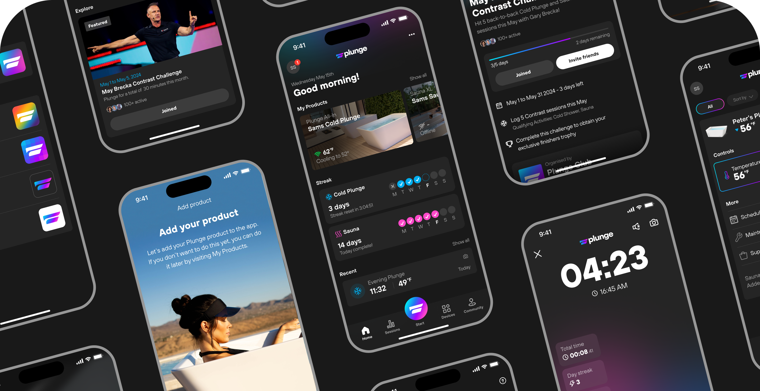 Wellness app design. Various mobile app screens. "good morning" "04:23" "Add your preferences"