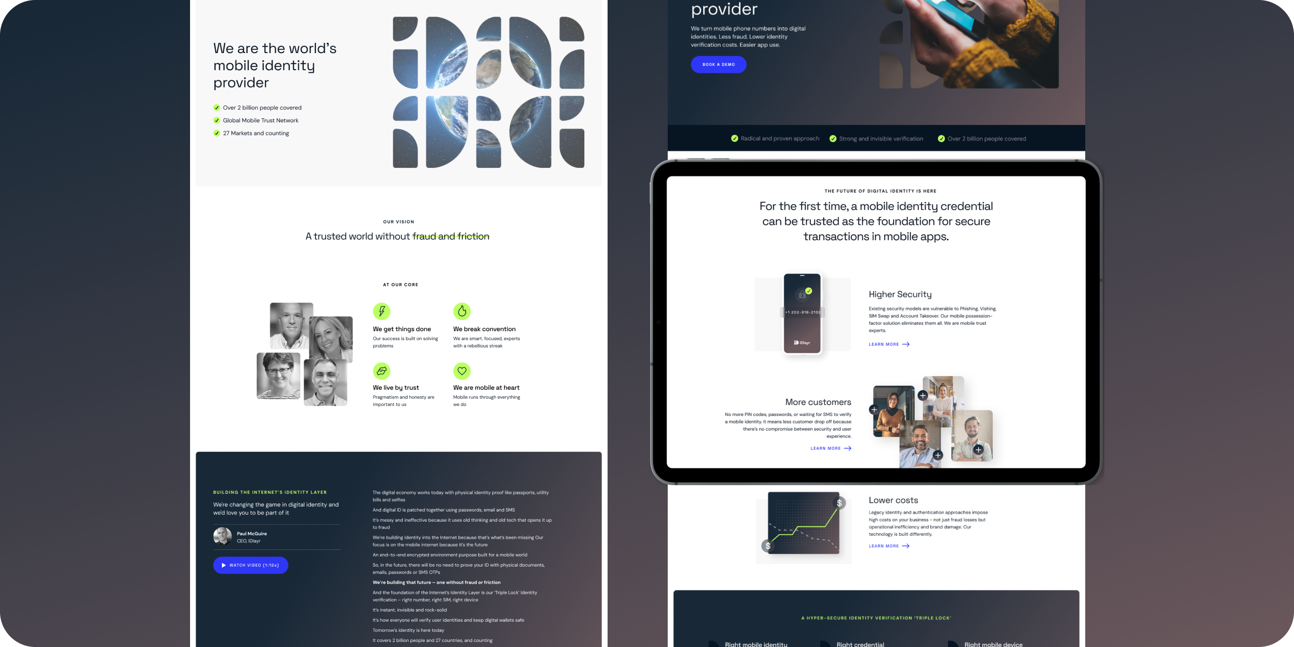 B2B branding. Various website screens. "We are the world's mobile identity provider" "Higher Security"