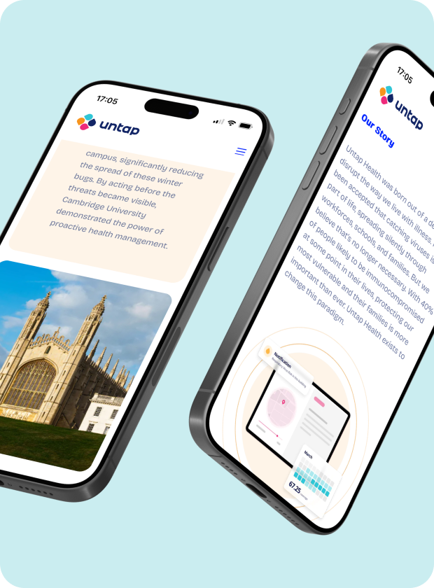 Tech startup website design. Two mobile devices. "Cambridge University" "Our Story"